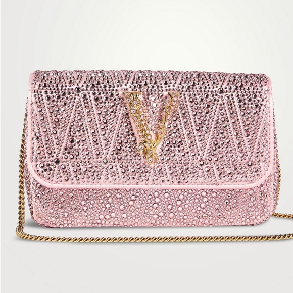 New Authentic VERSACE Mini Virtus Crystal-Embellished Satin Crossbody Bag - Picture 8 of 11